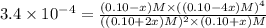 3.4\times 10^{-4}=\frac{(0.10-x) M\times ((0.10-4x) M)^4}{((0.10+2x) M)^2\times (0.10+x) M}