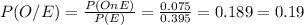 P(O/E)= \frac{P(OnE)}{P(E)} = \frac{0.075}{0.395}= 0.189 = 0.19