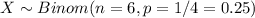 X \sim Binom(n = 6, p = 1/4=0.25)