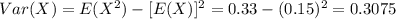 Var(X) = E(X^2) -[E(X)]^2 = 0.33 -(0.15)^2 = 0.3075