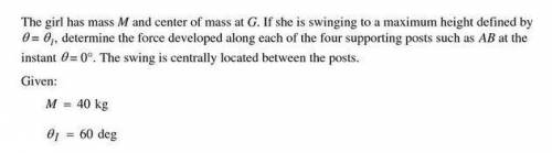 The girl has a mass of 45kg and center of mass at G. (Figure 1) If she is swinging to a maximum heig