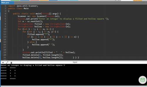 Write a program that reads an integer and displays, using asterisks a filled and hollow square, plac