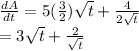 \frac{dA}{dt} =5(\frac{3}{2} )\sqrt{t} +\frac{4}{2\sqrt{t} } \\= 3\sqrt{t} +\frac{2}{\sqrt{t}}