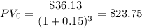 PV_0=\dfrac{\$36.13}{(1+0.15)^3}=\$23.75