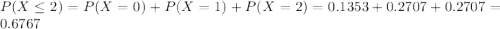 P(X \leq 2) = P(X = 0) + P(X = 1) + P(X = 2) = 0.1353 + 0.2707 + 0.2707 = 0.6767