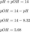 pH+pOH=14\\\\pOH=14-pH\\\\pOH=14-8.32\\\\pOH=5.68