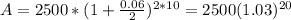 A = 2500*(1+\frac{0.06}{2})^{2*10}= 2500(1.03)^{20}