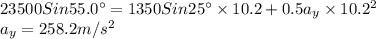 23500 Sin55.0\textdegree =1350Sin25\textdegree\times10.2+0.5a_y\times10.2^2\\a_y=258.2m/s^2