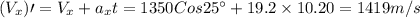 (V_x)\prime=V_x+a_xt=1350Cos25\textdegree+19.2\times10.20=1419m/s