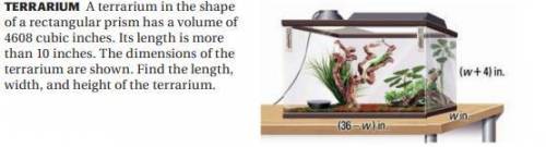 A terrarium in the shape of a rectangular prism has a volume of 4608 cubic inches. its length is mor