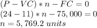 (P-VC)*n-FC = 0\\(24-11)*n-75,000 = 0\\n=5,769.2\ units