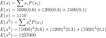 E(x) = \displaystyle\sum x_iP(x_i)\\E(x) = 1000(0.6) + 1200(0.3) + 1500(0.1)\\E(x) = 1110\\E(x^2) =  \displaystyle\sum x_i^2P(x_i)\\E(x^2) = (1000)^2(0.6) + (1200)^2(0.3) + (1500)^2(0.1)\\E(x^2) = 1257000