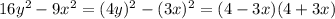 16y^2-9x^2=(4y)^2-(3x)^2=(4-3x)(4+3x)