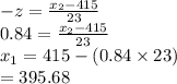 -z=\frac{x_{2}-415}{23}\\0.84=\frac{x_{2}-415}{23}\\x_{1}=415-(0.84\times23)\\=395.68