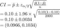 CI=\hat p\pm z_{\alpha/2}\sqrt{\frac{\hat p(1-\hat p)}{n}}\\=0.10\pm1.96\times\sqrt{\frac{0.10(1-0.10)}{2000}}\\=0.10\pm0.0034\\=(0.0966, 0.1034)