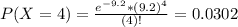 P(X = 4) = \frac{e^{-9.2}*(9.2)^{4}}{(4)!} = 0.0302
