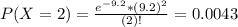 P(X = 2) = \frac{e^{-9.2}*(9.2)^{2}}{(2)!} = 0.0043