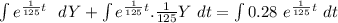 \int e^{\frac{1}{125} t} \ \ dY+\int e^{\frac{1}{125} t}  .\frac{1}{125} Y \ dt=\int0.28 \ e^{\frac{1}{125} t}\ dt