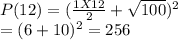 P(12) =(\frac{1X12}{2} +\sqrt{100})^2\\=(6+10)^2=256