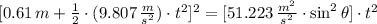 [0.61\,m + \frac{1}{2}\cdot (9.807\,\frac{m}{s^{2}} )\cdot t^{2}]^{2} = [51.223\,\frac{m^{2}}{s^{2}}\cdot \sin^{2} \theta]\cdot t^{2}