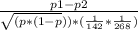 \frac{p1 - p2}{\sqrt{(p * (1 - p} )) * (\frac{1}{142} * \frac{1}{268})}}