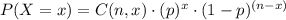 P(X=x)=C(n,x)\cdot(p)^x\cdot(1-p)^{(n-x)}