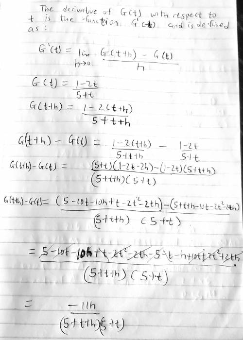 Find the derivative of the function using the definition of derivative. G(t) = 1 − 2t 5 + t G'(t) =
