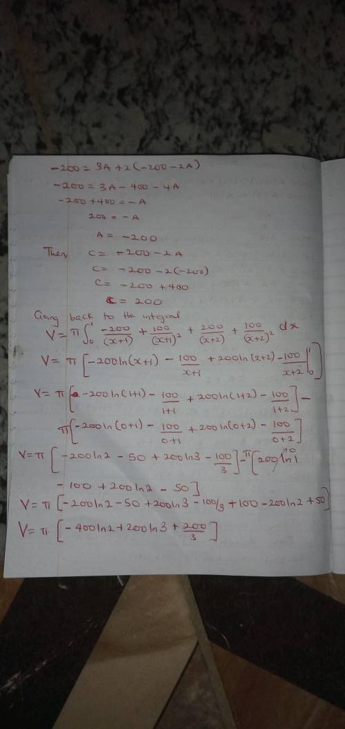 Find the volume of the resulting solid if the region under the curve y = 10/(x2 + 3x + 2) from x = 0