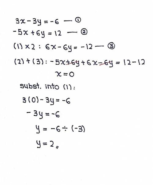Solving system of equations using elimination 3x-3y=-6 , -5x+6y=12