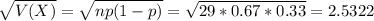 \sqrt{V(X)} = \sqrt{np(1-p)} = \sqrt{29*0.67*0.33} = 2.5322