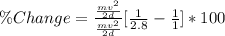 \% Change = \frac{\frac{mv^2}{2d}}{\frac{mv^2}{2d}} [\frac{1}{2.8} -\frac{1}{1}]*100