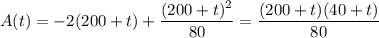 A(t)=-2(200+t)+\dfrac{(200+t)^2}{80}=\dfrac{(200+t)(40+t)}{80}