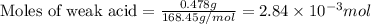 \text{Moles of weak acid}=\frac{0.478g}{168.45g/mol}=2.84\times 10^{-3}mol