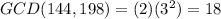 GCD(144,198)=(2)(3^2)=18