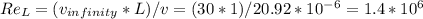 Re_{L} =(v_{infinity} *L)/v=(30*1)/20.92*10^-^6=1.4*10^6
