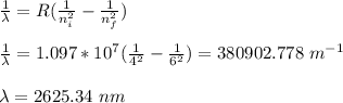 \frac{1}{\lambda} = R(\frac{1}{n_i^2} - \frac{1}{n_f^2})\\\\\frac{1}{\lambda}  = 1.097*10^7(\frac{1}{4^2} - \frac{1}{6^2}) = 380902.778 \ m^{-1}\\\\\lambda = 2625.34 \ nm