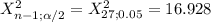 X^2_{n-1; \alpha /2}= X^2_{27; 0.05}= 16.928