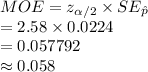 MOE=z_{\alpha/2}\times SE_{\hat p}\\=2.58\times0.0224\\=0.057792\\\approx0.058