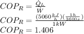 COP_{R} = \frac{\dot Q_{L}}{\dot W} \\COP_{R} = \frac{(5060 \frac{kJ}{h})(\frac{1 h}{3600 s})}{1 kW}\\COP_{R} = 1.406
