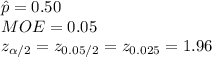 \hat p = 0.50\\MOE=0.05\\z_{\alpha/2}=z_{0.05/2}=z_{0.025}=1.96