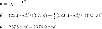 \theta = \omega_i t + \frac{1}{2}\alphat^2\\\\\theta = (250\ rad/s)(9.5\ s)+\frac{1}{2}(52.63\ rad/s^2)(9.5\ s)^2\\\\\theta = 2375\ rad + 2374.9\ rad