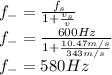f_{-}=\frac{f_{s}}{1+\frac{v_{s}}{v} }\\f_{-}=\frac{600Hz}{1+\frac{10.47m/s}{343m/s} } \\f_{-}=580Hz