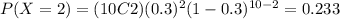 P(X=2)=(10C2)(0.3)^2 (1-0.3)^{10-2}=0.233