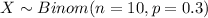 X \sim Binom(n=10, p=0.3)