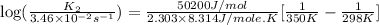 \log (\frac{K_2}{3.46\times 10^{-2} s^{-1}})=\frac{50200 J/mol}{2.303\times 8.314J/mole.K}[\frac{1}{350 K}-\frac{1}{298 K}]