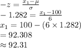-z=\frac{x_{1}-\mu}{\sigma} \\-1.282=\frac{x_{1}-100}{6}\\x_{1}=100-(6\times1.282)\\=92.308\\\approx92.31