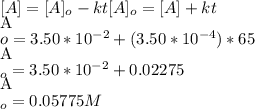 [A] = [A]_o - kt[A]_o = [A] + kt\\[A]o = 3.50*10^{-2} + (3.50*10^{-4}) * 65\\[A]_o = 3.50*10^{-2} + 0.02275\\[A]_o = 0.05775 M