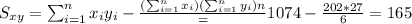 S_{xy}=\sum_{i=1}^n x_i y_i -\frac{(\sum_{i=1}^n x_i)(\sum_{i=1}^n y_i){n}}=1074-\frac{202*27}{6}=165