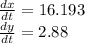 \frac{dx}{dt} = 16.193\\\frac{dy}{dt} =  2.88