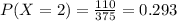 P(X = 2)=\frac{110}{375}=0.293
